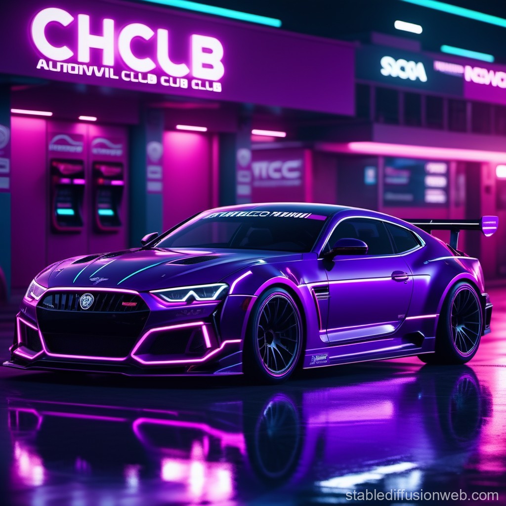 Futuristic Neon Purple Sports Car in Cyberpunk City