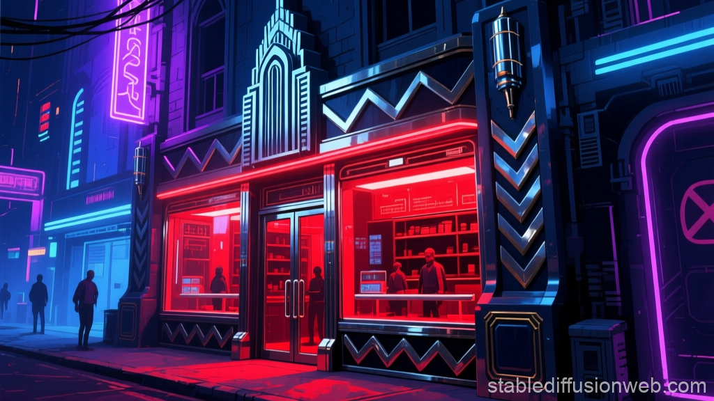 Futuristic Neon Red Light District Shop at Night