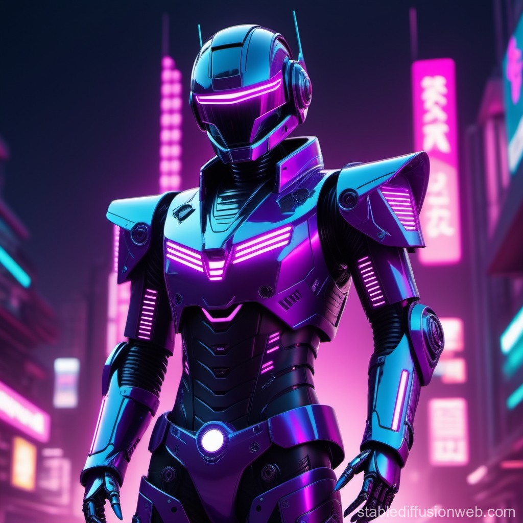 Futuristic Neon Robot in Cyberpunk Cityscape