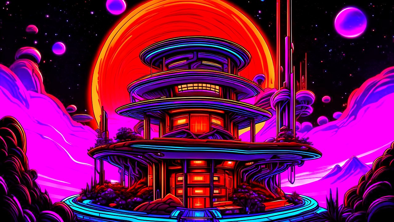 Futuristic Neon Space Habitat with Giant Red Sun
