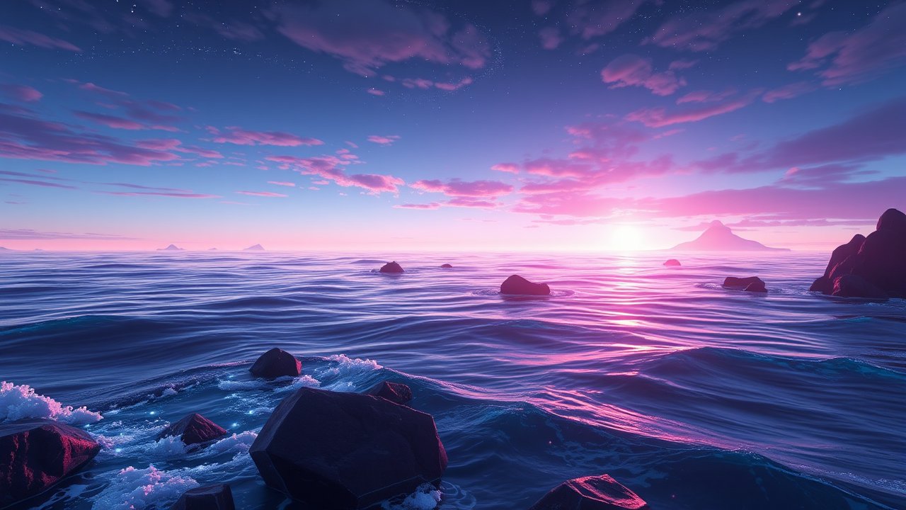 Futuristic Oceanscape at Sunset with Vibrant Colors