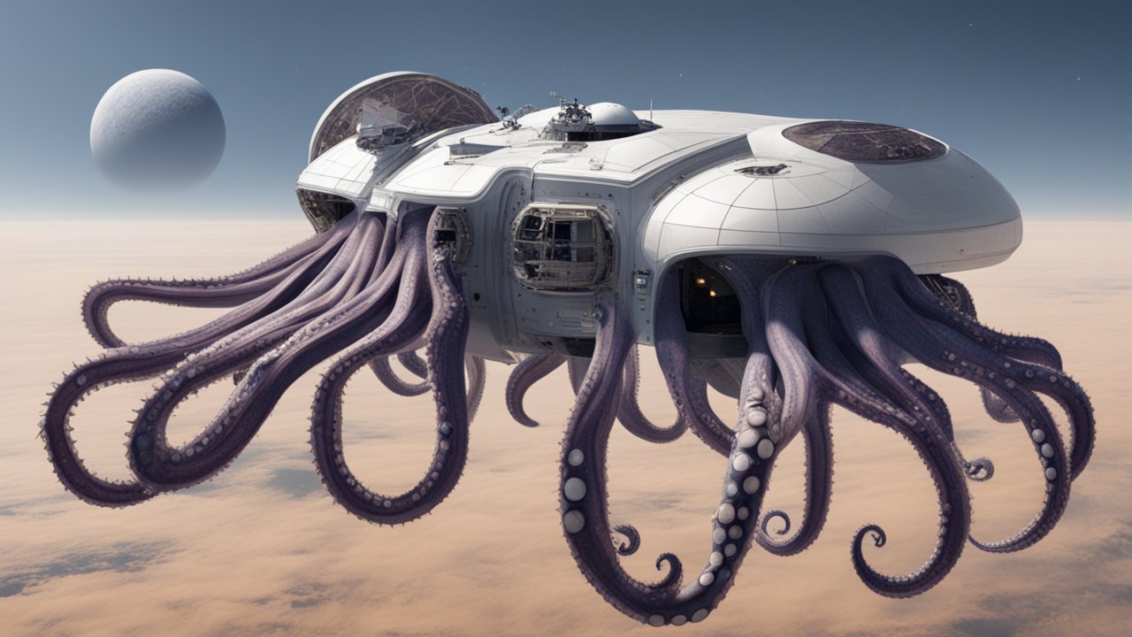 Futuristic Octopus-Inspired Spaceship in Orbit