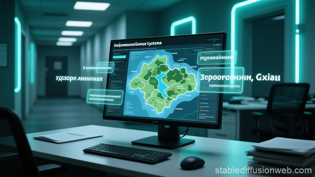 Futuristic Office Desk with Holographic Map Display