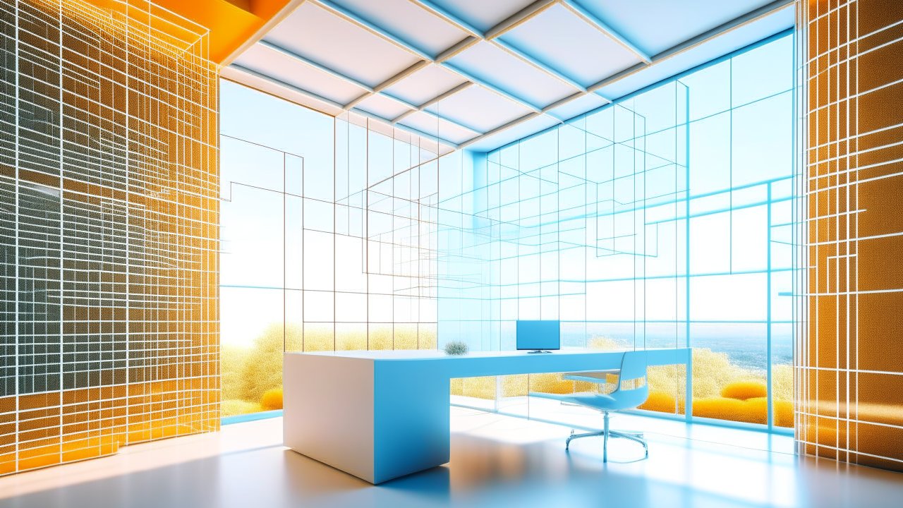 Futuristic Office Interior with Transparent Grid Design