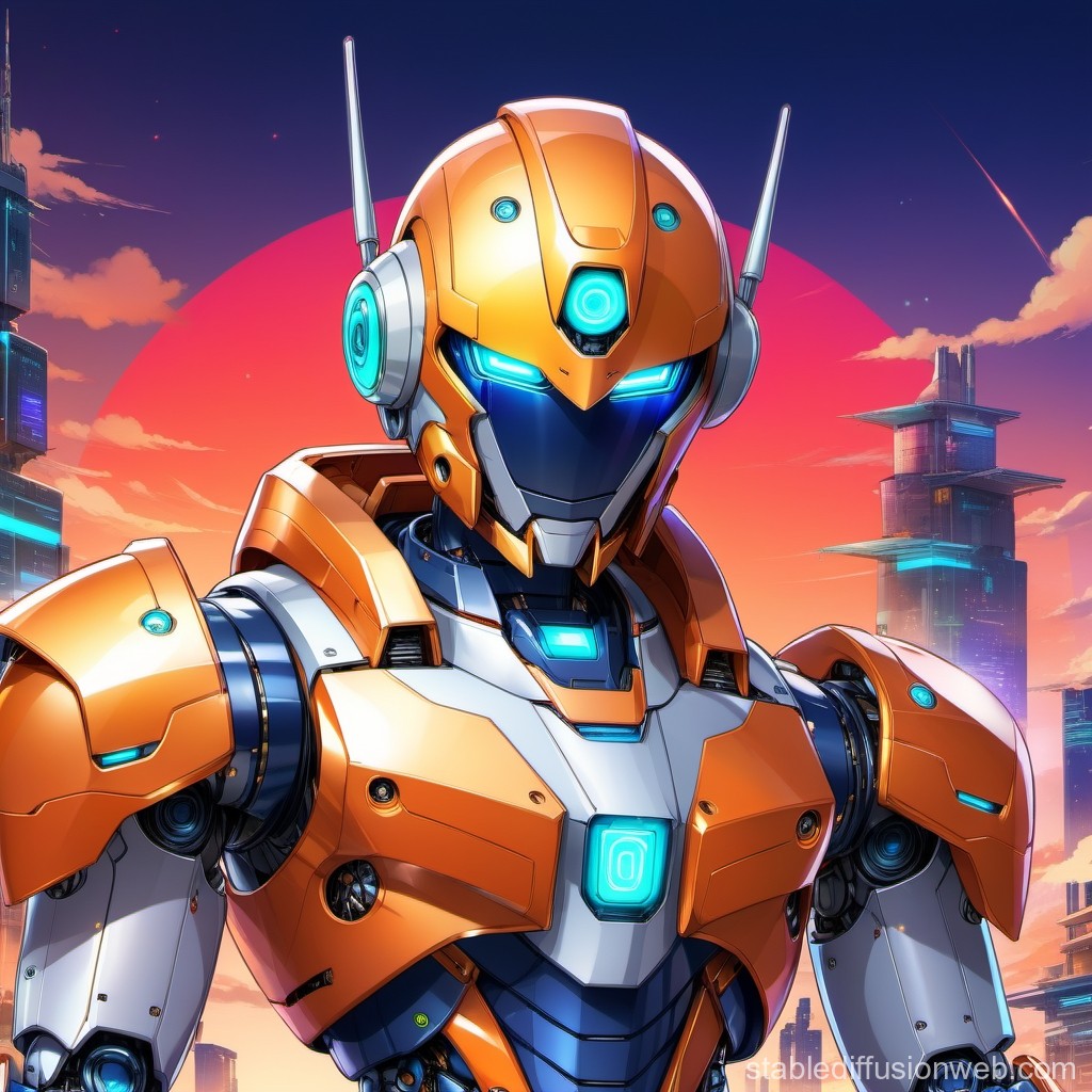 Futuristic Orange Robot in Cyber City at Sunset