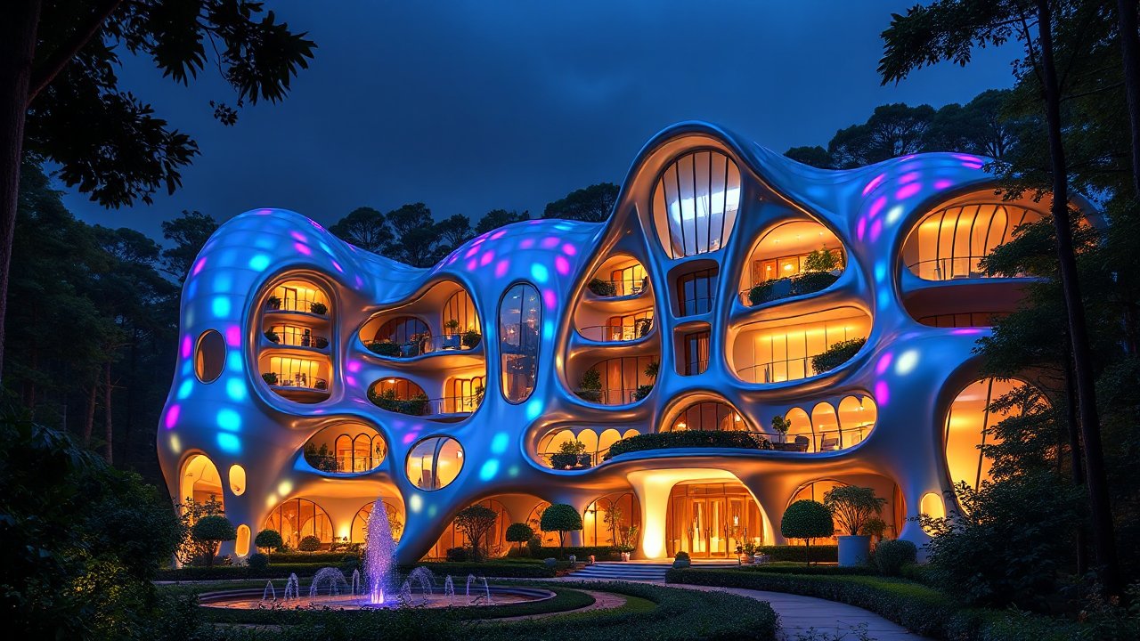 Futuristic Organic Architecture with Vibrant Lighting at Night