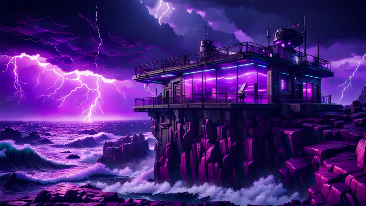 Futuristic Outpost on Cliff During Electric Storm