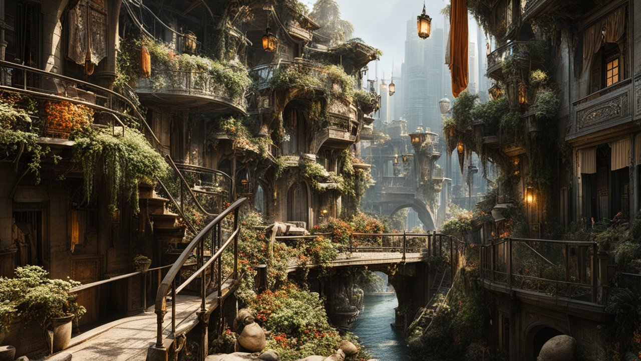Futuristic Overgrown Cityscape with Lush Vegetation