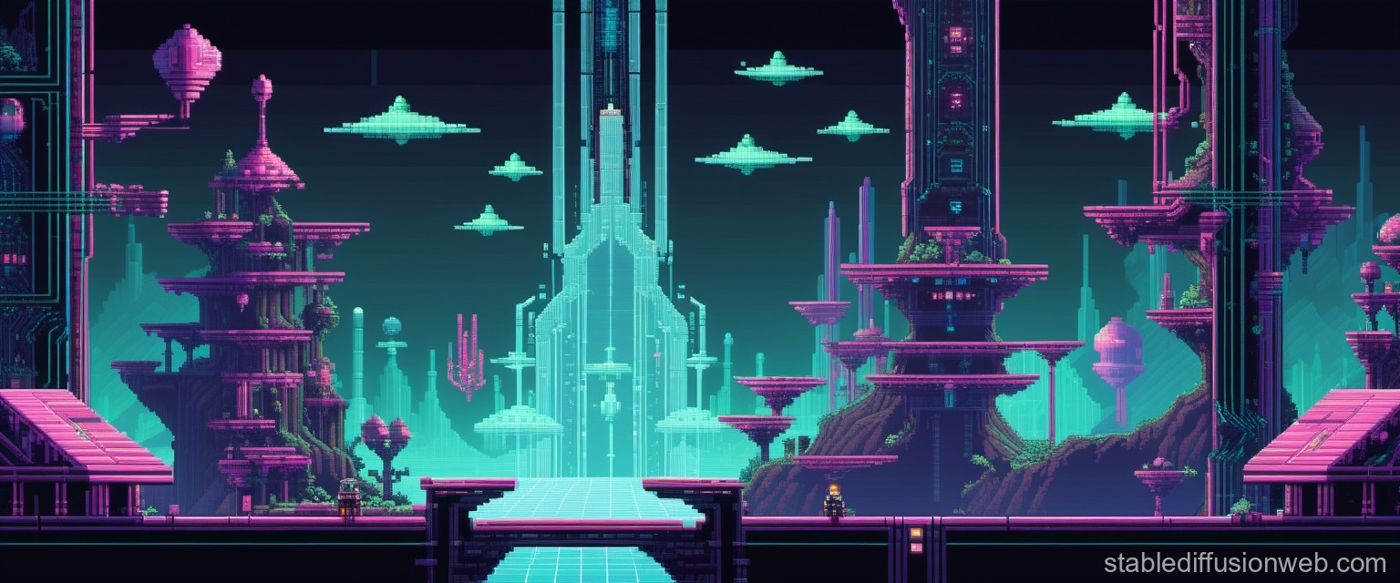 Futuristic Pixel-Art Cityscape with Neon Towers