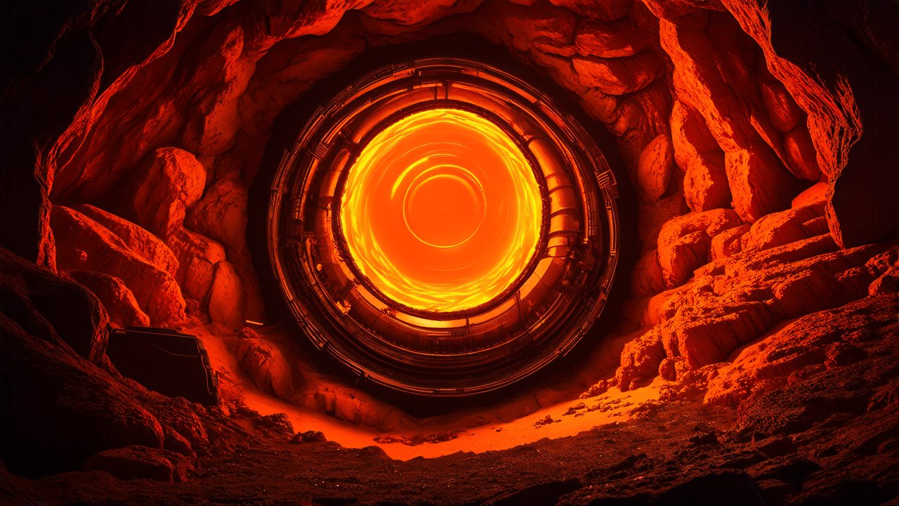 Futuristic Portal Inside a Fiery Cave