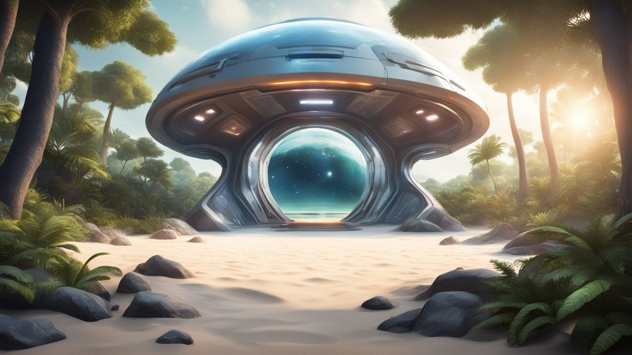 Futuristic Portal Structure in a Lush Forest Clearing