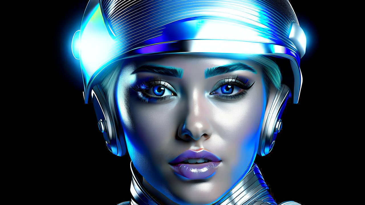 Futuristic Portrait of a Woman in Metallic Helmet