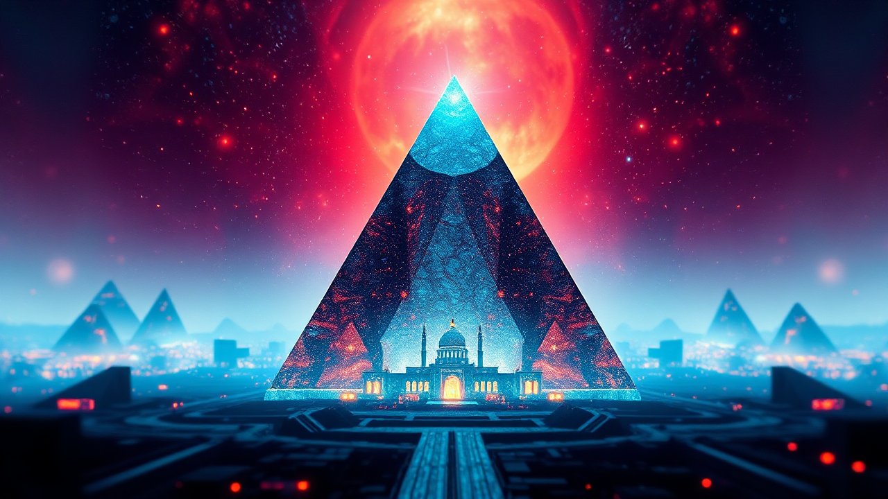 Futuristic Pyramid City Under a Glowing Red Star