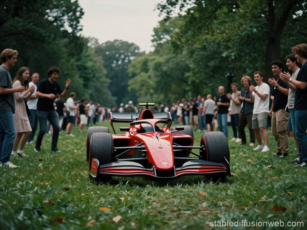 Futuristic Red Race Car Surrounded by Applauding Crowd