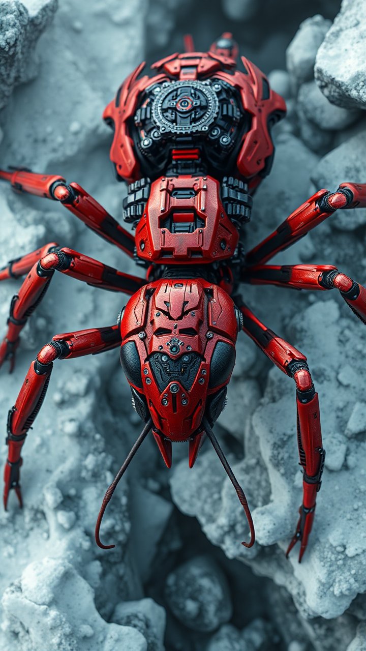 Futuristic Red Robotic Ant on Rocky Surface