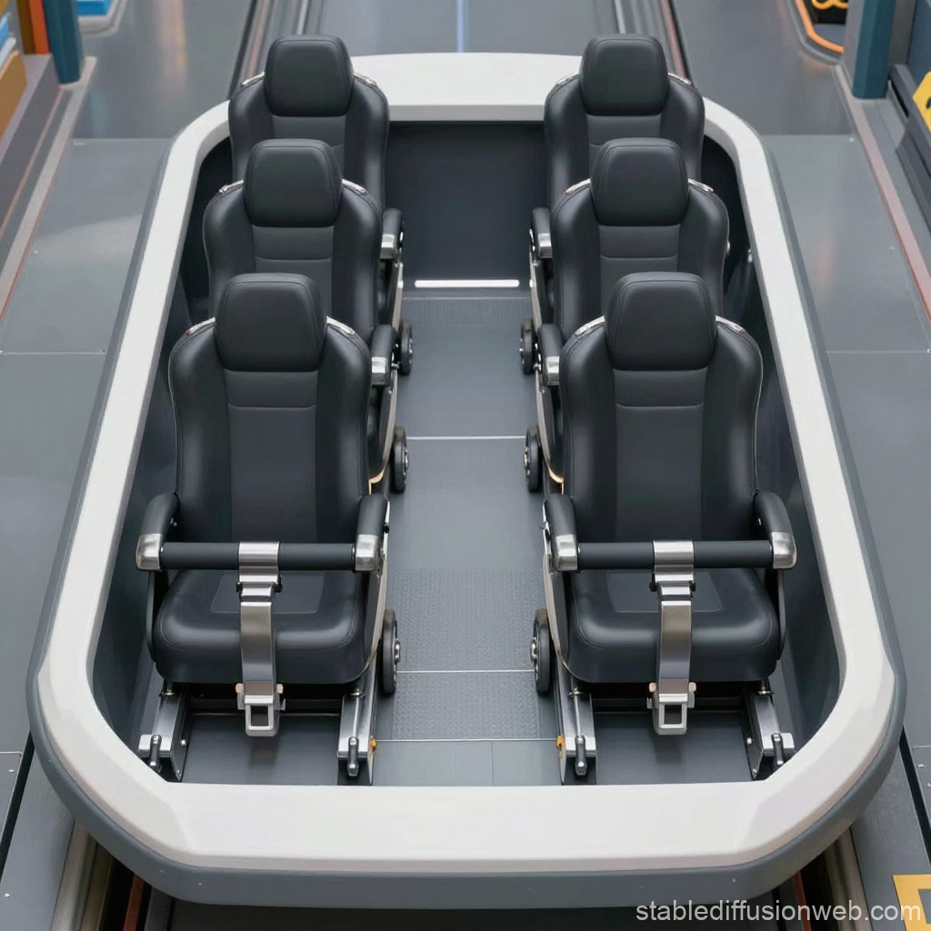 Futuristic Ride Vehicle Interior with Six Black Seats
