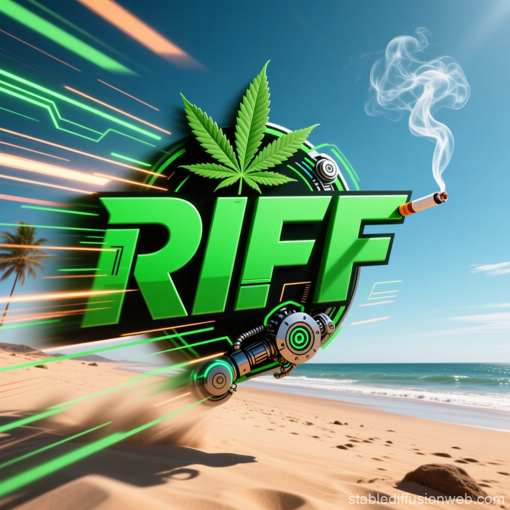 Futuristic Riff Logo with Cannabis Leaf on Deserted Beach