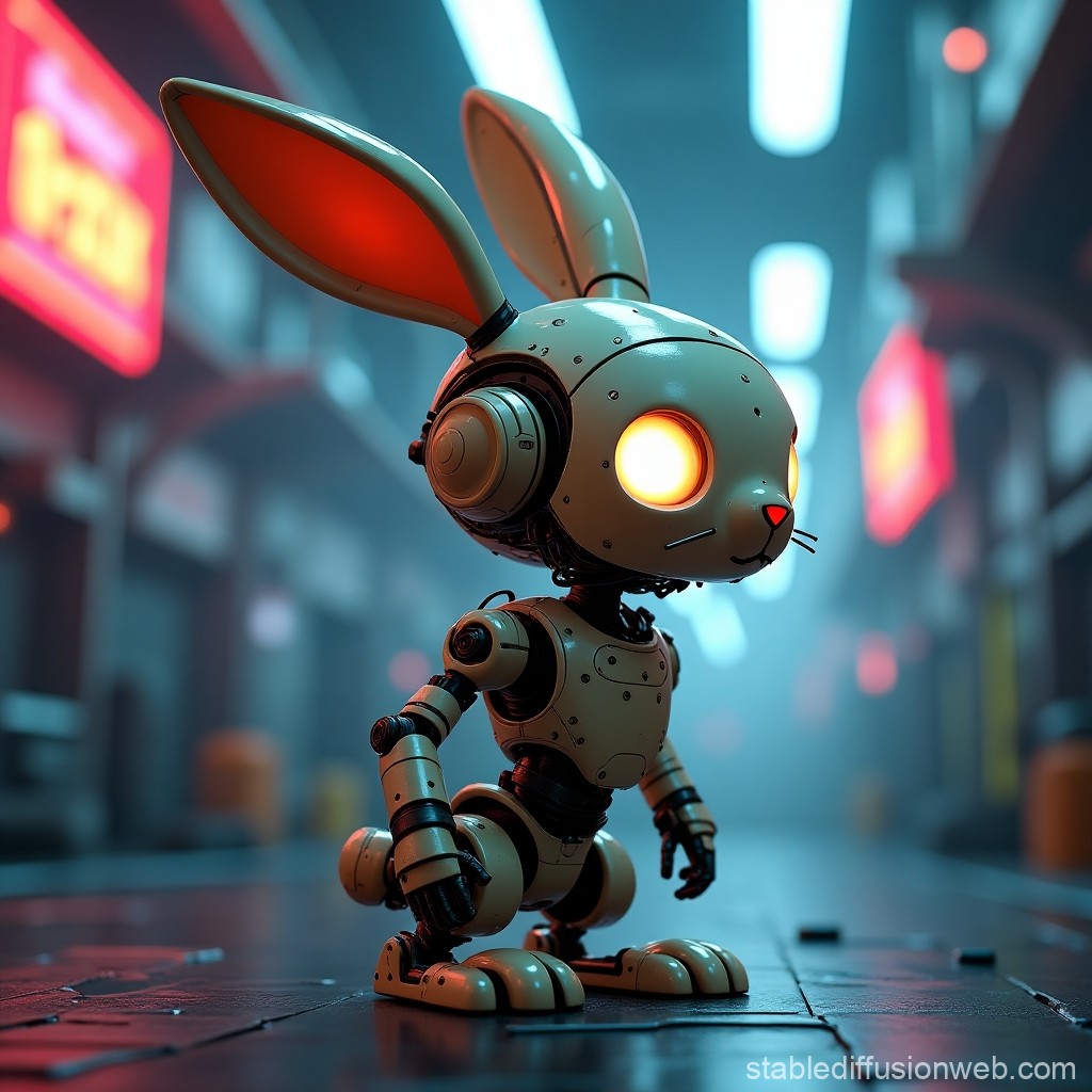 Futuristic Robot Bunny in Neon-lit Alley