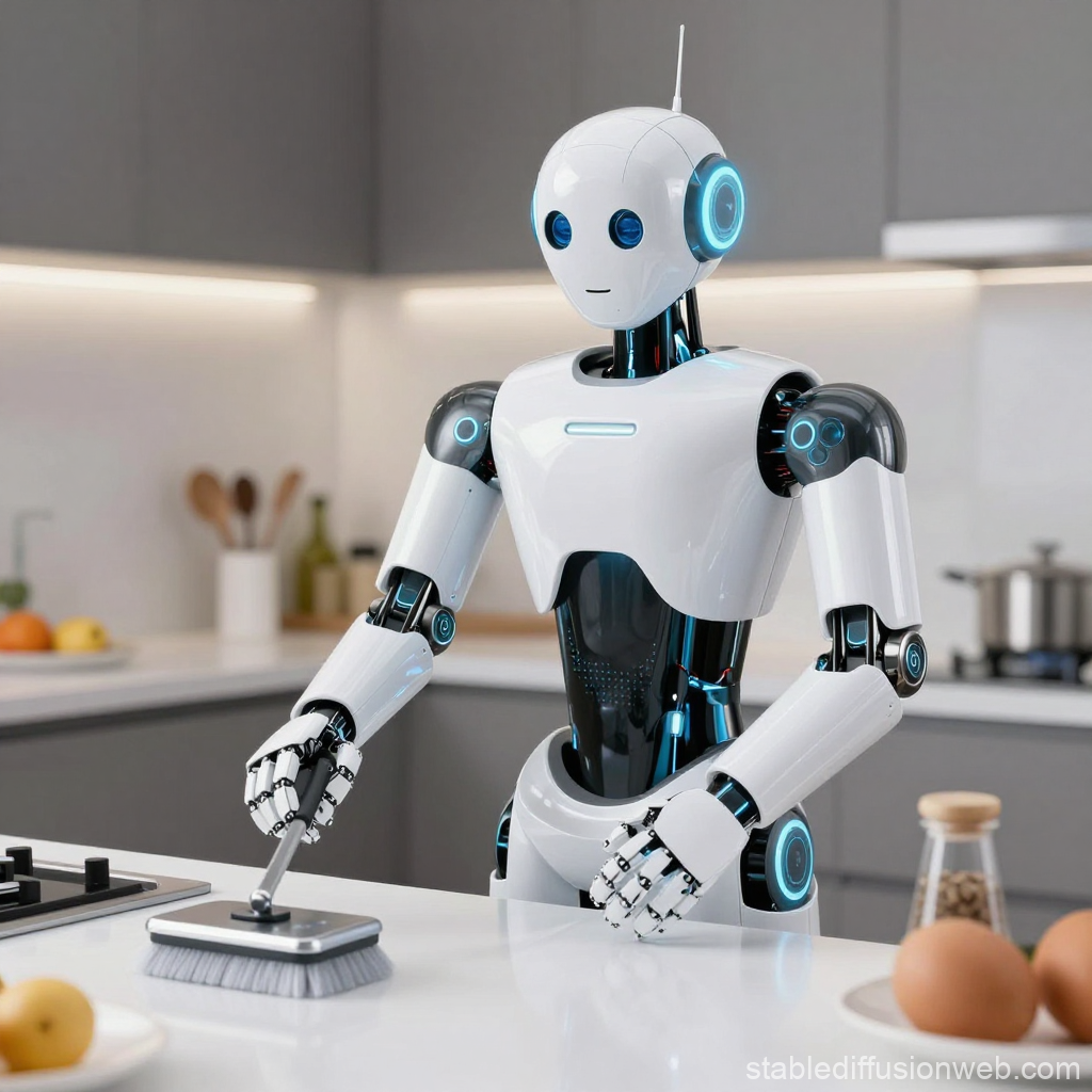 Futuristic Robot Cleaning Kitchen Counter
