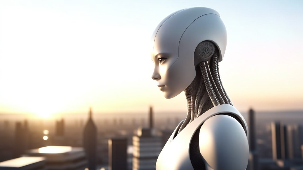Futuristic Robot Contemplating Cityscape at Sunrise