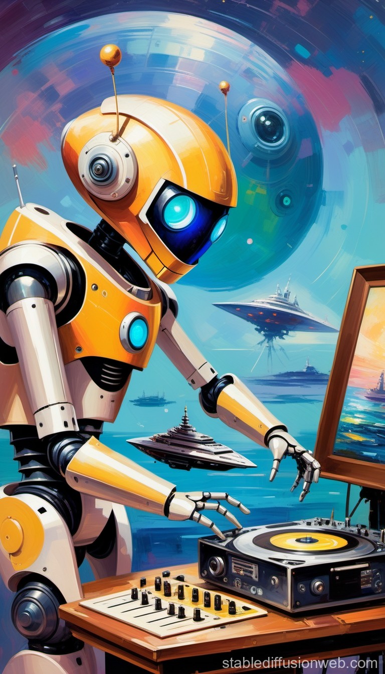 Futuristic Robot DJ Mixing Vinyl in Sci-Fi Space Scene