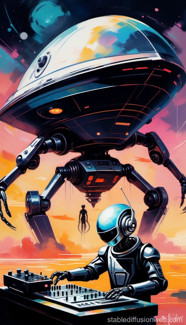 Futuristic Robot DJ with Giant Mech in Sci-Fi Landscape