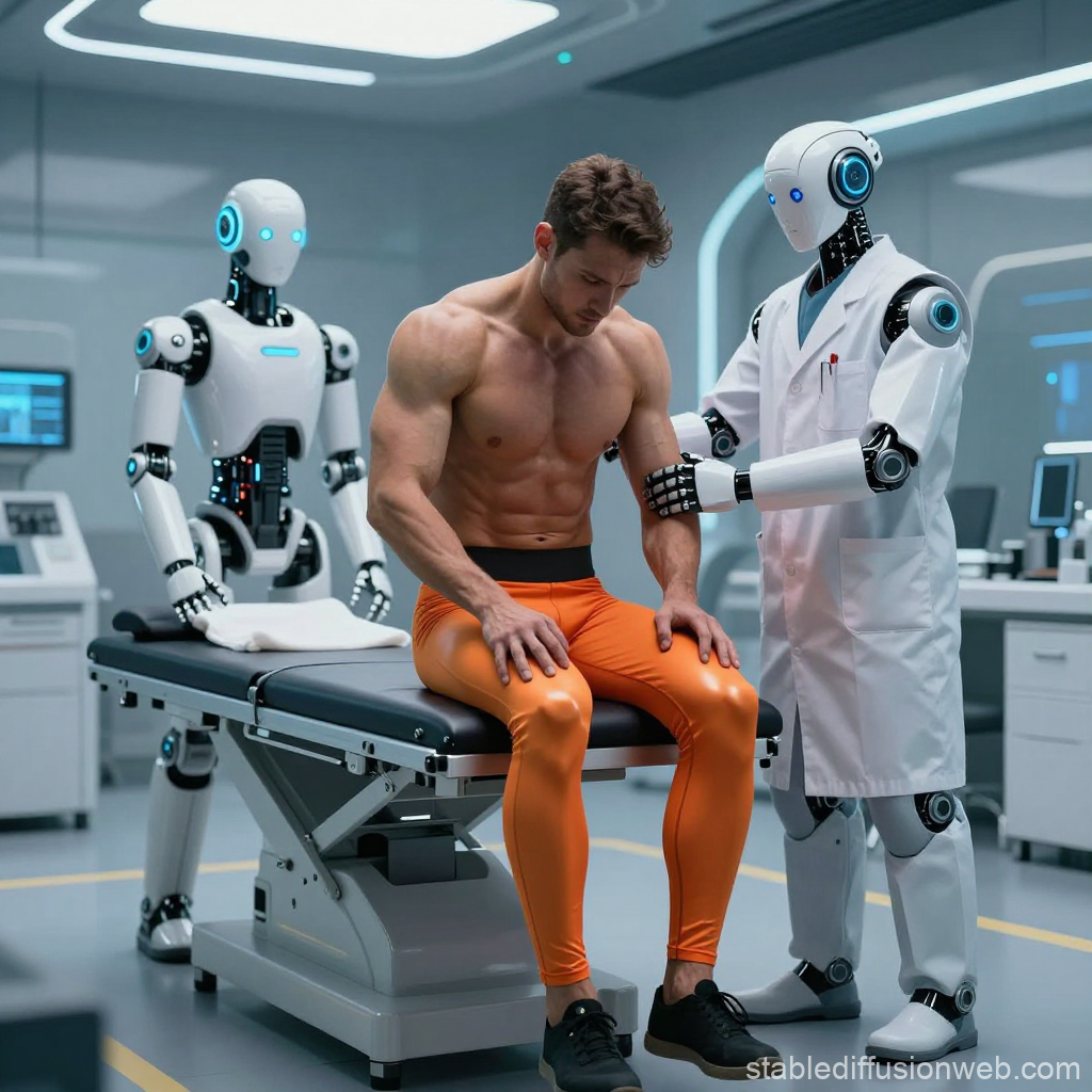 Futuristic Robot Doctor Examining a Man in a High-Tech Clinic