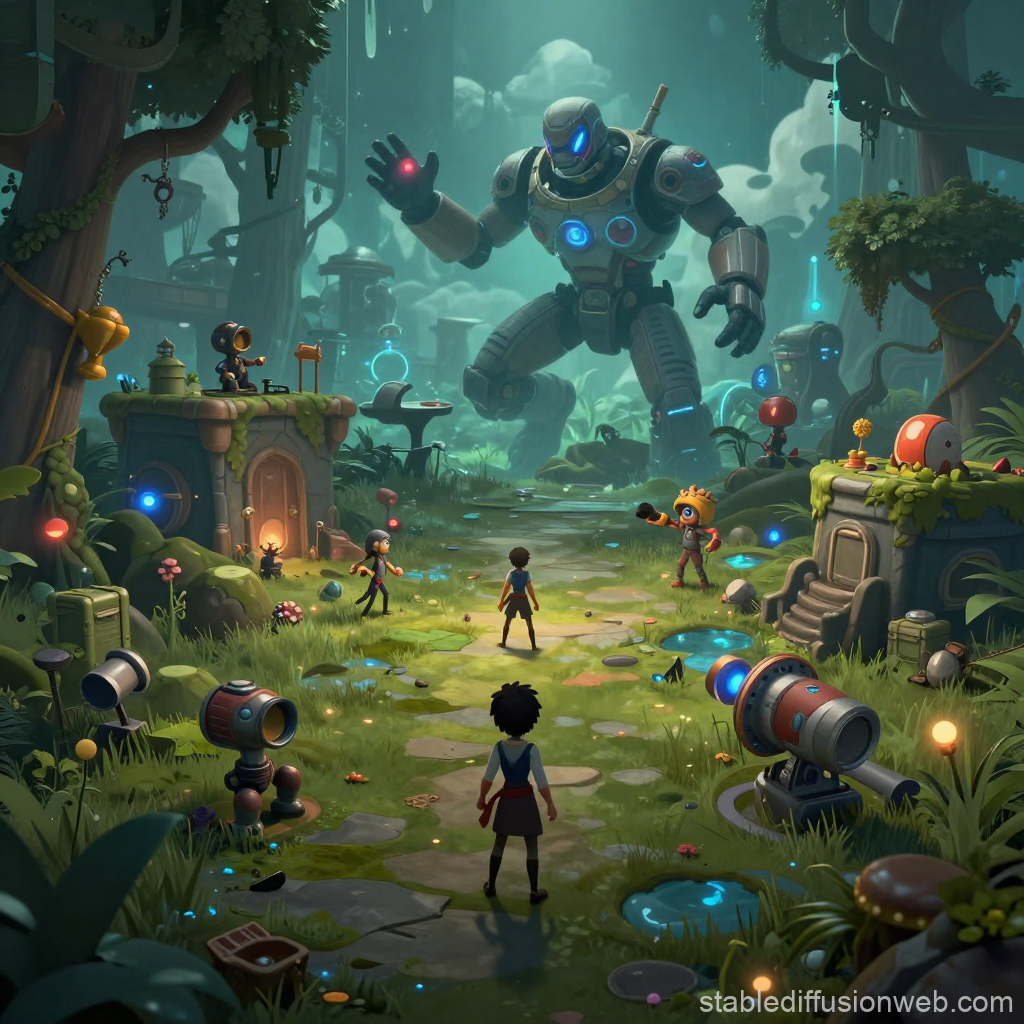 Futuristic Robot Encounter in Enchanted Forest Village