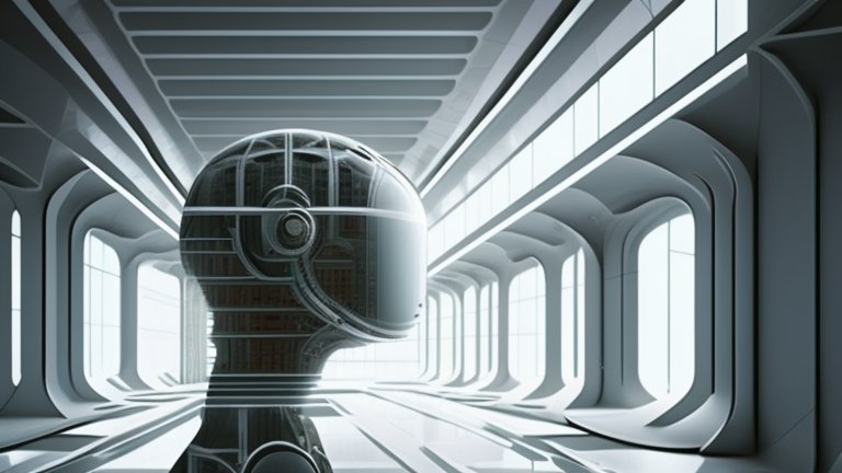 Futuristic Robot Head in a High-Tech Corridor