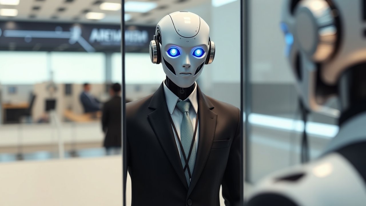 Futuristic Robot in Business Suit Looking in Mirror