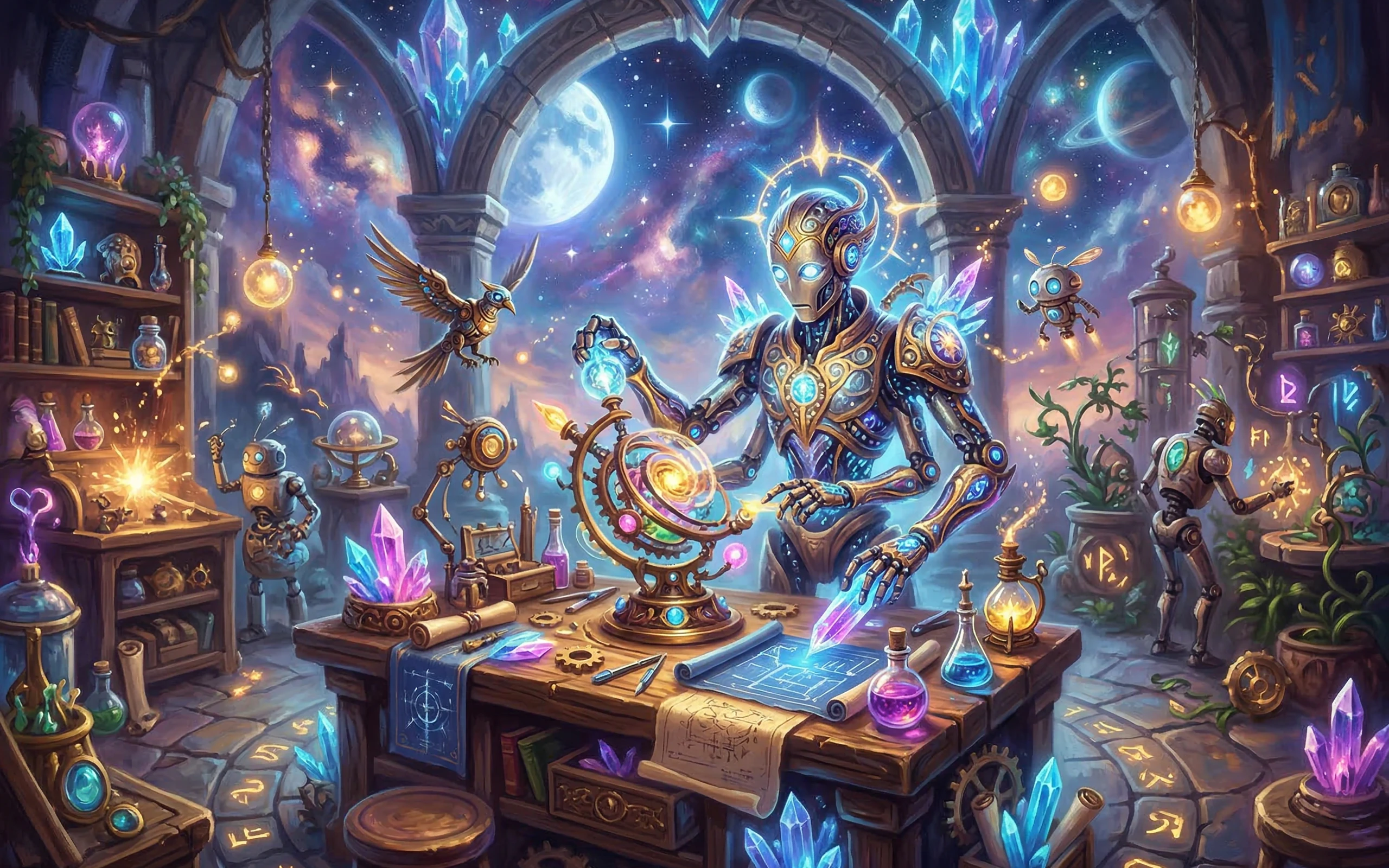 Futuristic Robot Inventor in a Magical Workshop