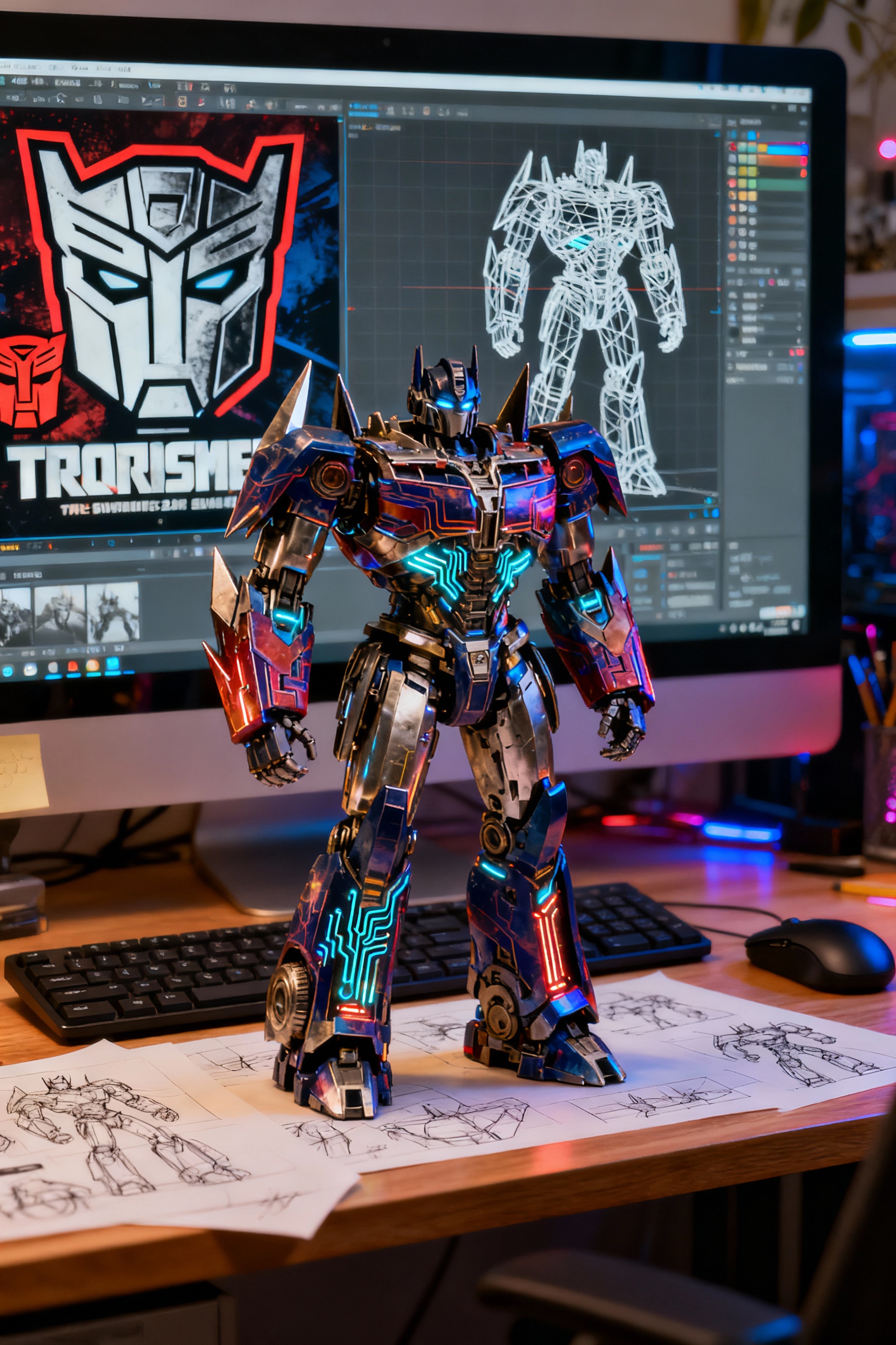 Futuristic Robot Model on Designer's Desk with Digital Blueprints