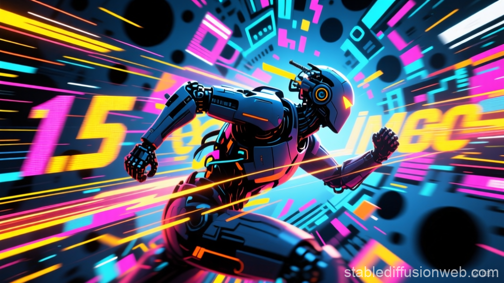 Futuristic Robot Sprinting Through Neon Digital Space