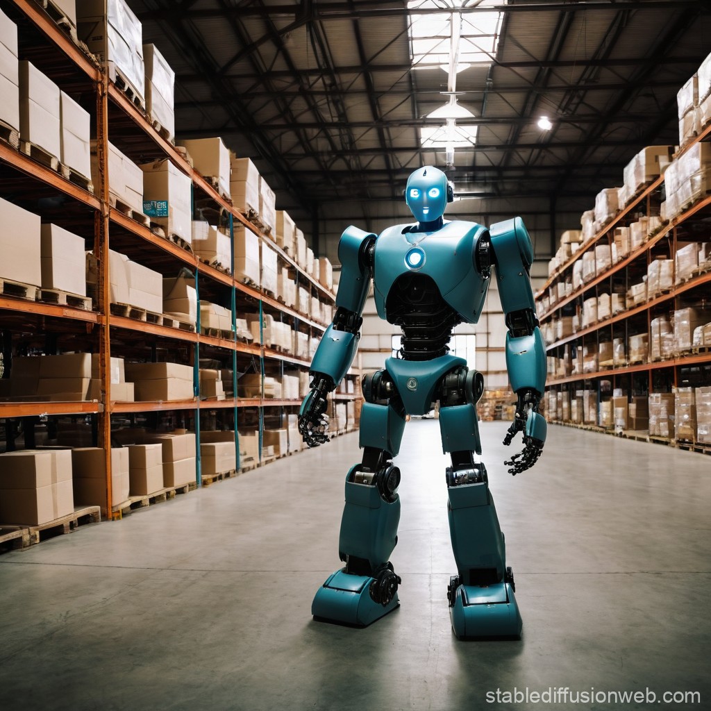 Futuristic Robot Standing in Warehouse Aisle
