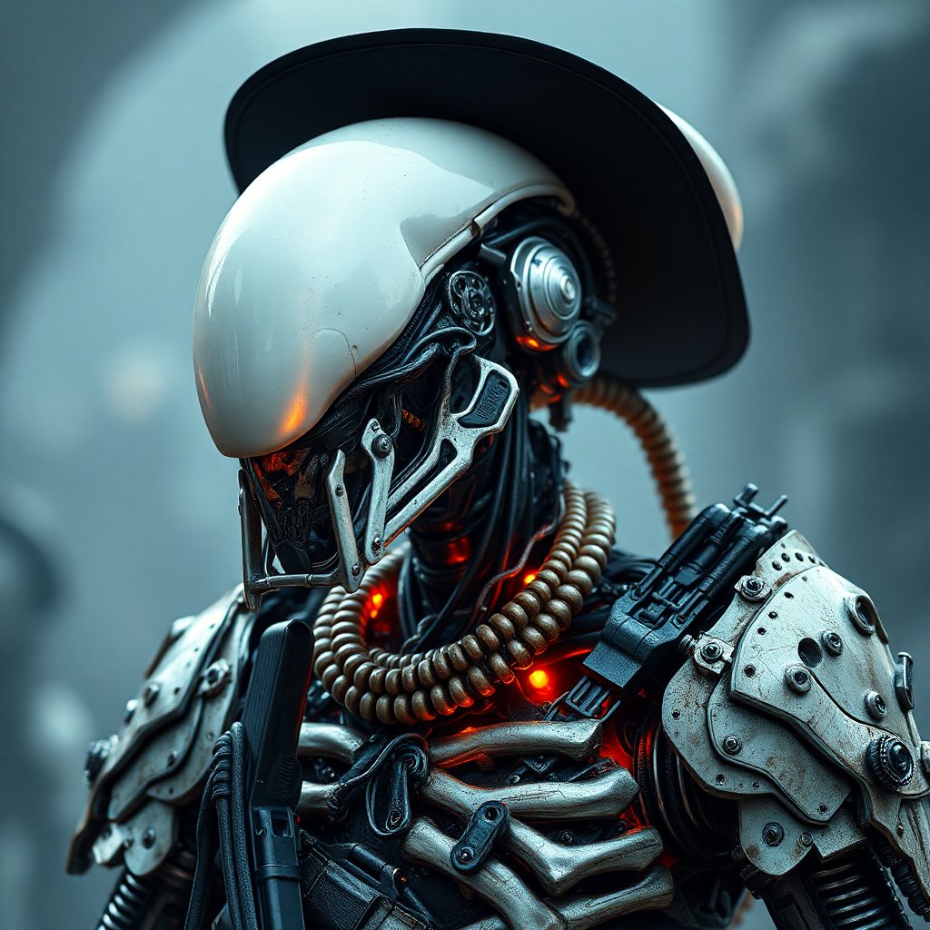 Futuristic Robot with Cowboy Hat and Mechanical Armor