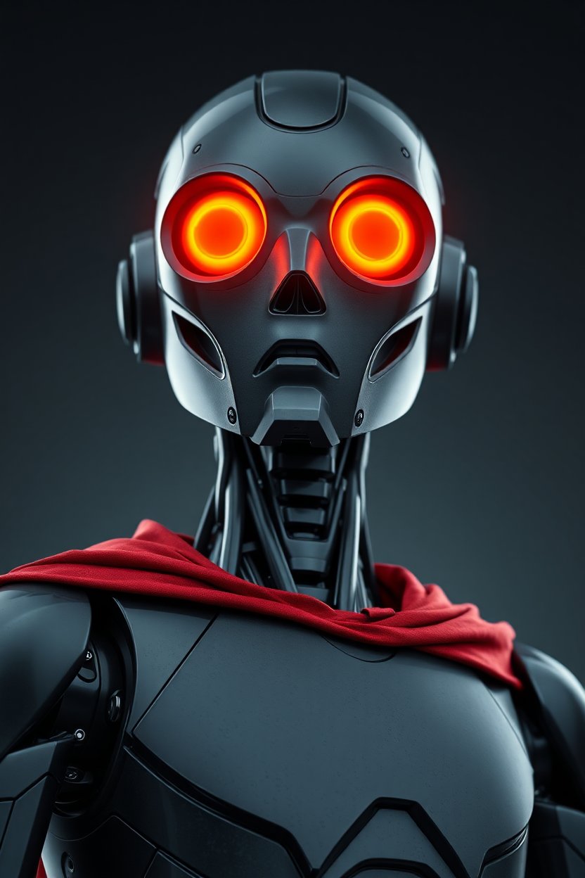 Futuristic Robot with Glowing Red Eyes and Red Cape