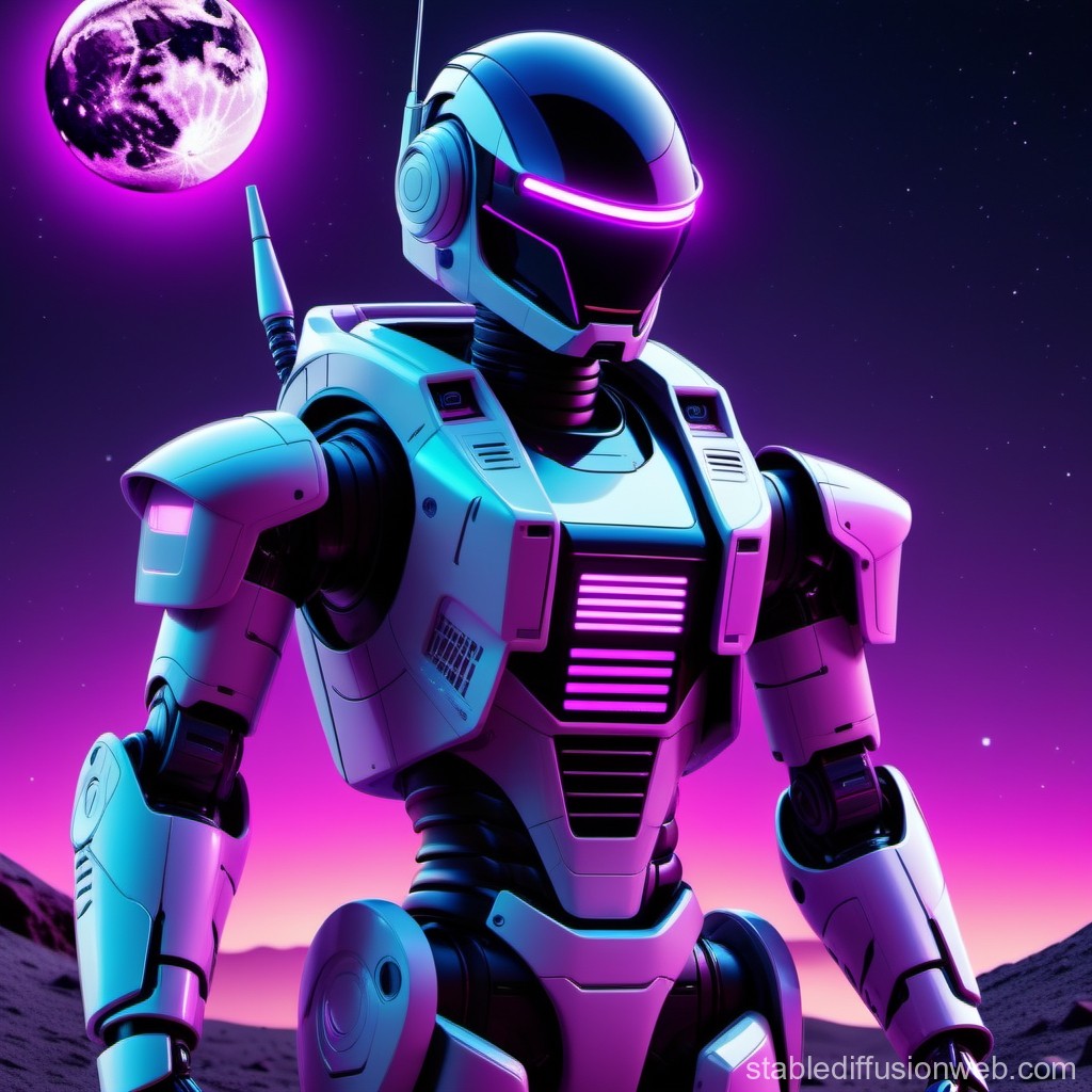 Futuristic Robot with Neon Lights on Alien Landscape