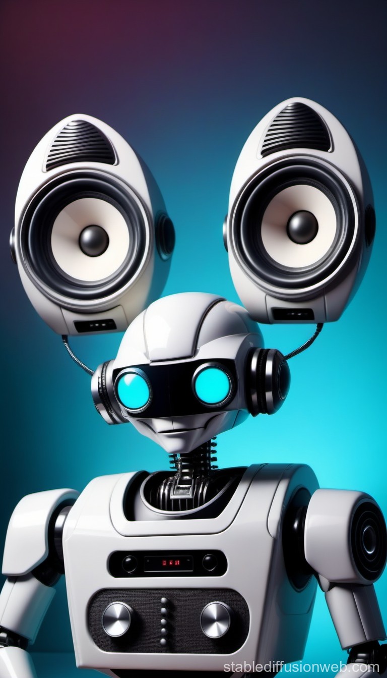 Futuristic Robot with Speaker Headphones in Vibrant Setting
