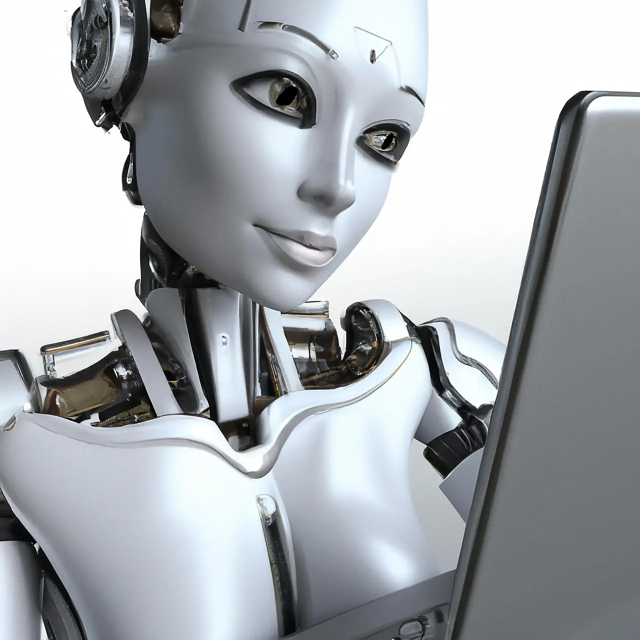 Futuristic Robot Woman Engaged with Laptop