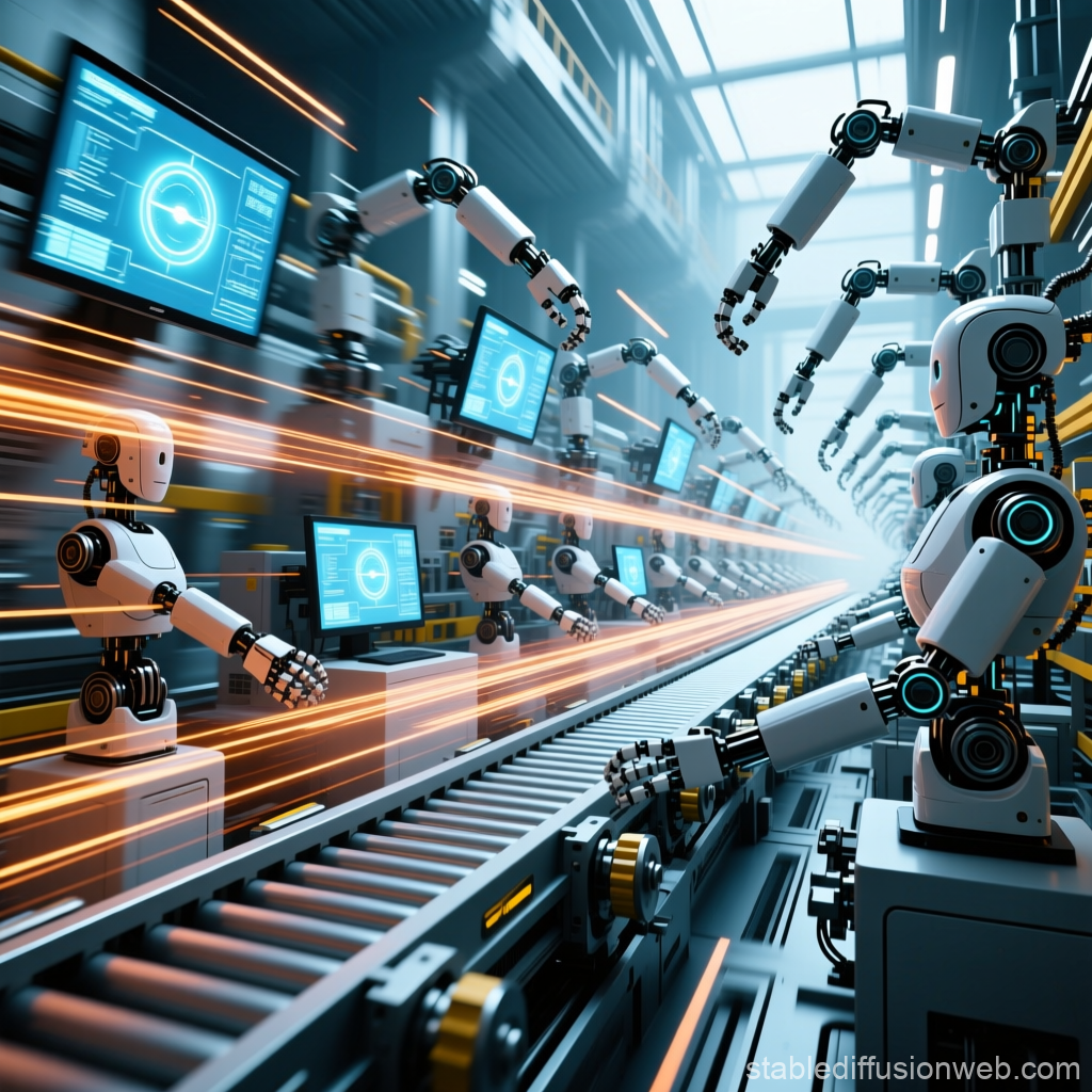Futuristic Robotic Assembly Line in High-Tech Factory