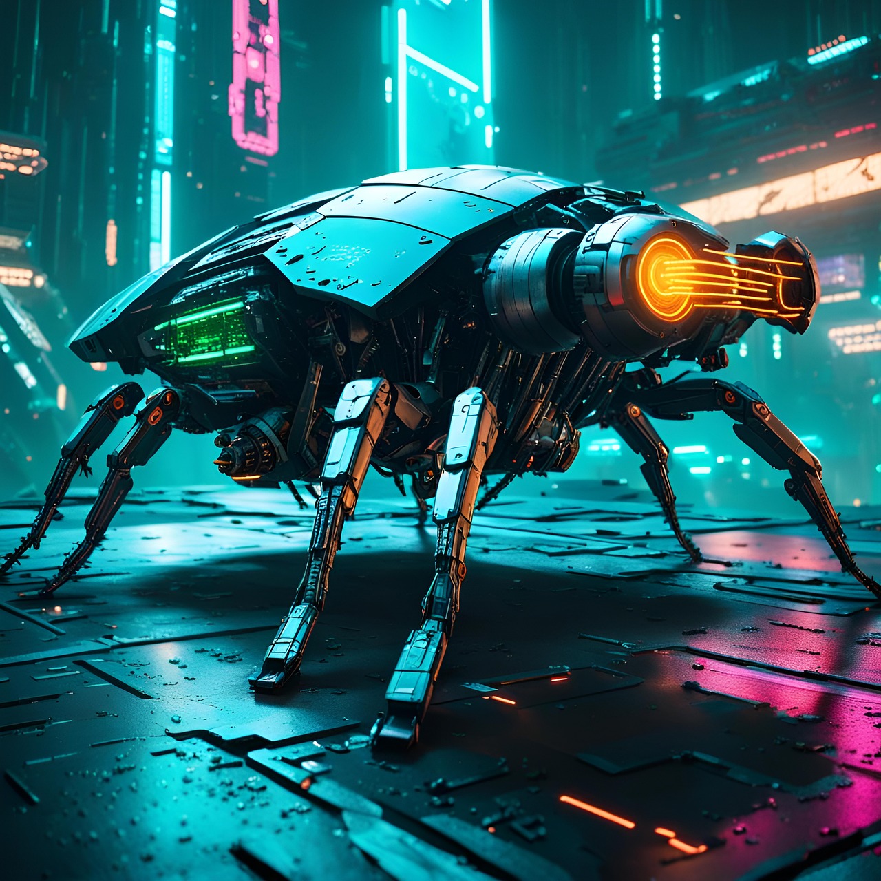 Futuristic Robotic Insect in Neon Cyber City