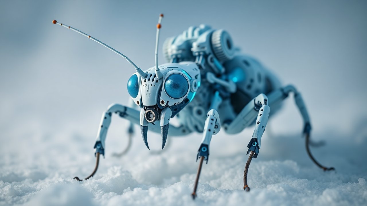 Futuristic Robotic Insect on Snowy Surface