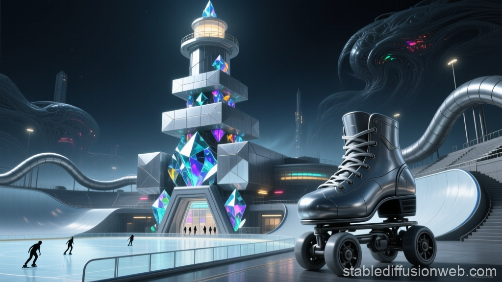 Futuristic Roller Skating Tower with Neon Crystals