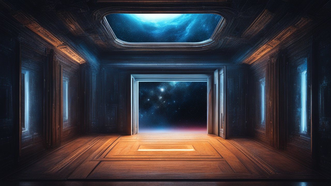 Futuristic Room Opening to a Starry Five-Dimensional Space