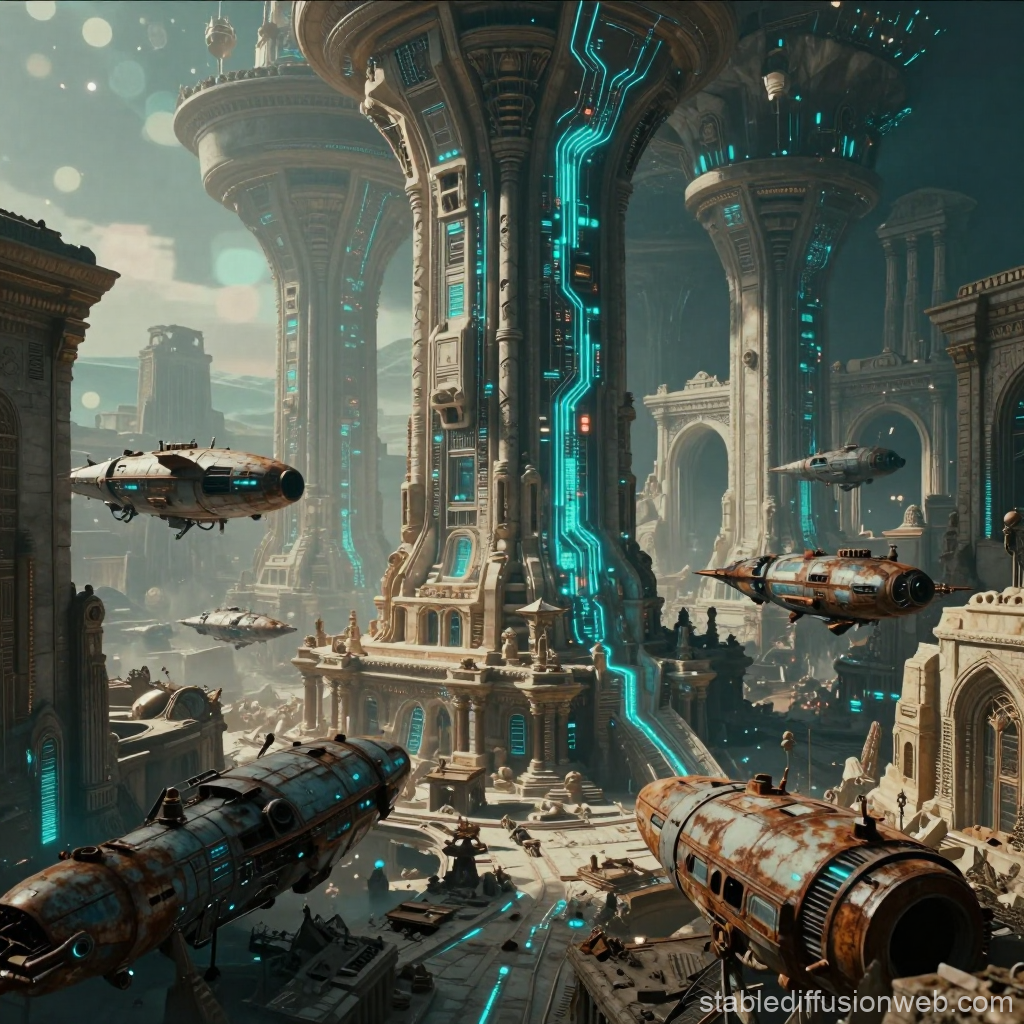 Futuristic Ruins with Hovering Spaceships