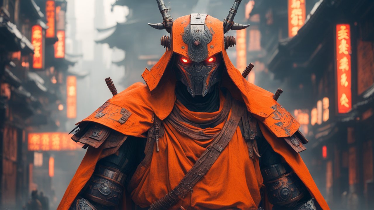 Futuristic Samurai Robot in Vibrant Orange Armor