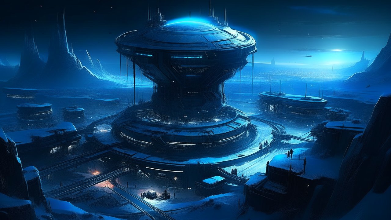 Futuristic Sci-Fi Base on an Alien Planet at Night