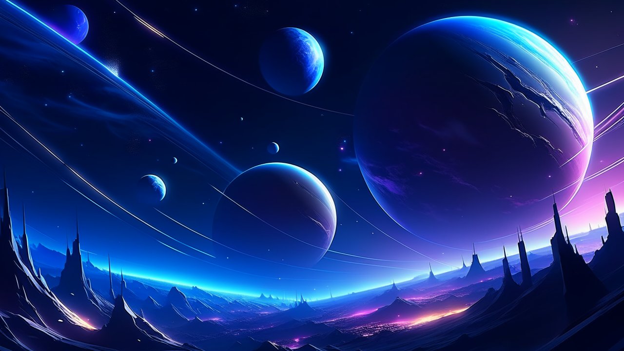 Futuristic Sci-Fi Landscape with Multiple Planets and Rings