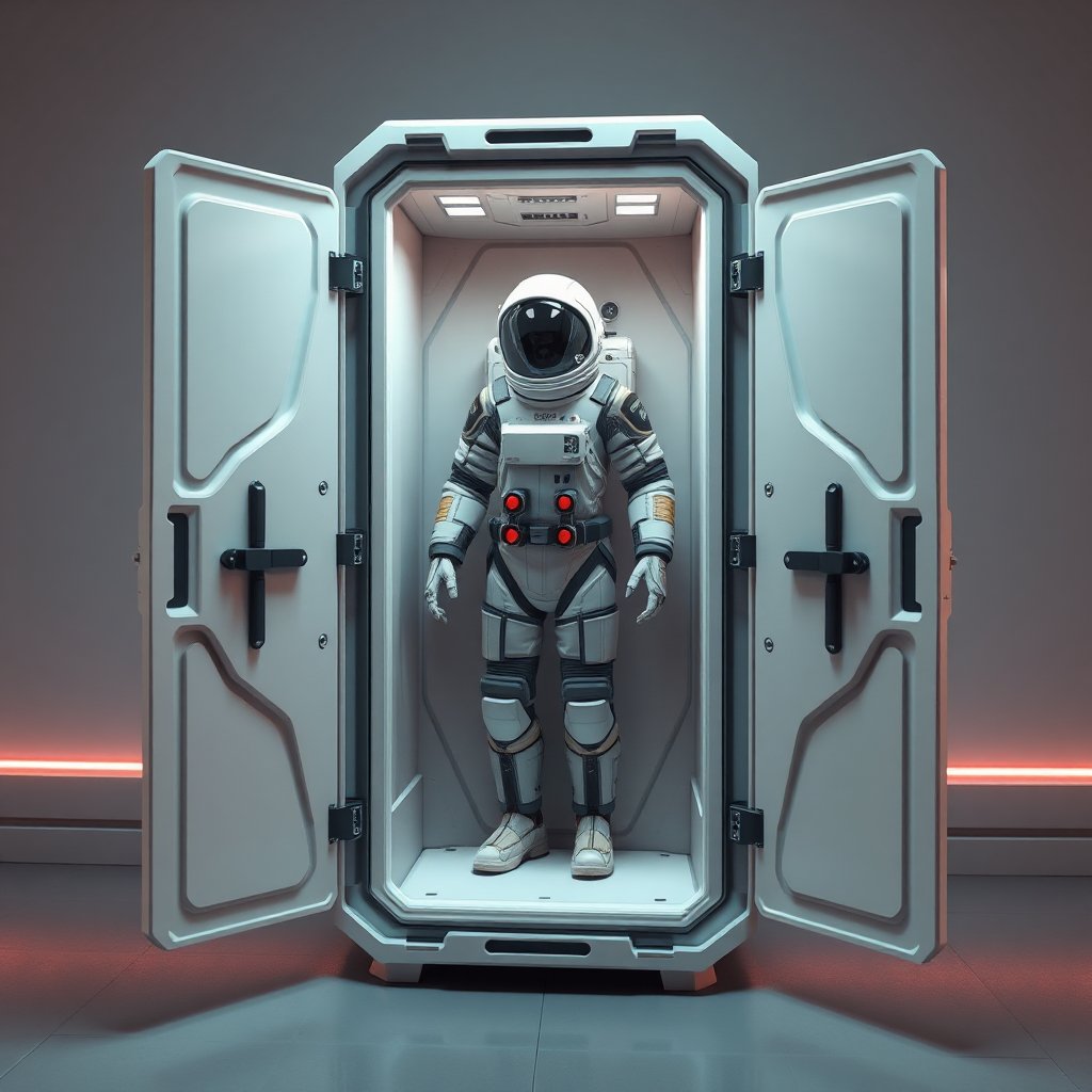 Futuristic Sci-Fi Spacesuit in High-Tech Storage Pod