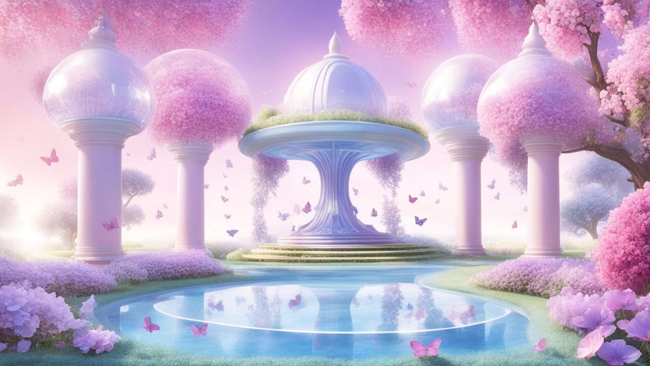 Futuristic Secret Garden with Pink Domes and Butterflies